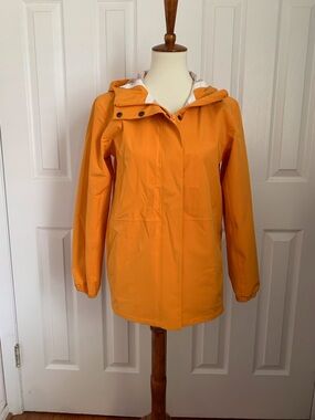 Lands' End Orange Hooded Rain Coat Snap Zip Women's XS Petite Mid-Length